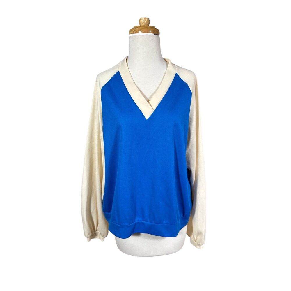 Vintage 70s Donovan Giovani Color Block V-Neck Raglan Blouse Top Blue White